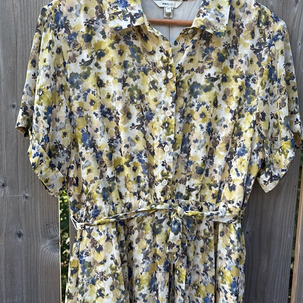 RW&Co Short Sleeved Button Down Chiffon Dress Floral Dress with Belt Sz L - Picture 5 of 11